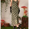 Women's Mesh Spaghetti Strap Long Plaid Dress V Neck Vintage Flared Cami Dress