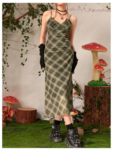 Women's Mesh Spaghetti Strap Long Plaid Dress V Neck Vintage Flared Cami Dress
