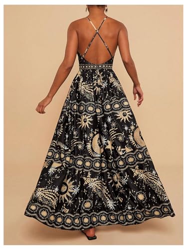 Women's Summer Tropical Sundress Deep V Neck Criss Cross Backless Flowy Maxi Dress