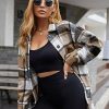 Women's Fall Color Block Plaid Flannel Shacket Jacket Button Down Shirt Coat Tops