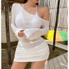 Women's Sheer Swimsuit Cover Up Long Sleeve Ruched Drawstring Beach Dress Coverups
