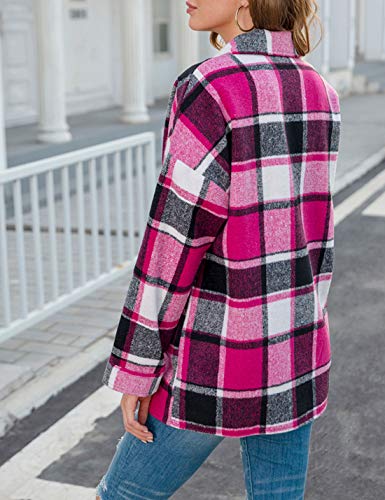 Women's Fall Color Block Plaid Flannel Shacket Jacket Button Down Shirt Coat Tops