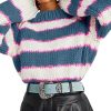 Women Stripe Pullover Sweater Turtleneck Ribbed Knit Top Casual Fall Winter Knitwear