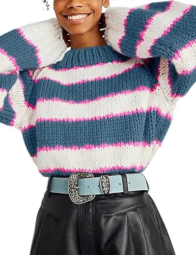 Women Stripe Pullover Sweater Turtleneck Ribbed Knit Top Casual Fall Winter Knitwear