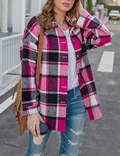 Women's Fall Color Block Plaid Flannel Shacket Jacket Button Down Shirt Coat Tops