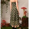 Women's Mesh Spaghetti Strap Long Plaid Dress V Neck Vintage Flared Cami Dress