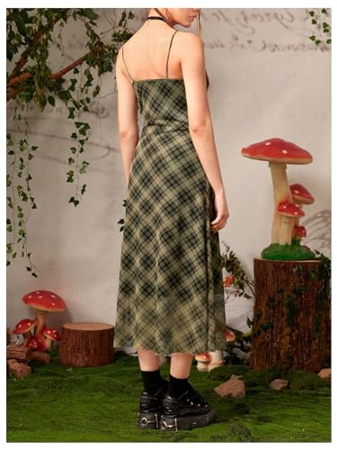 Women's Mesh Spaghetti Strap Long Plaid Dress V Neck Vintage Flared Cami Dress