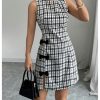 Women's Vintage Plaid Bow Side Split Hem A Line Sleeveless Elegant Work Dress