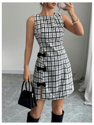 Women's Vintage Plaid Bow Side Split Hem A Line Sleeveless Elegant Work Dress