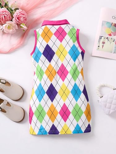 Girl's Geometric Colorblock Collared Tank Dress Sleeveless Button Down Dress