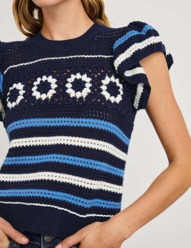 Womens Crochet Sweater Top Short Flutter Sleeve Crew Neck Summer Casual Knit Tank Pullovers