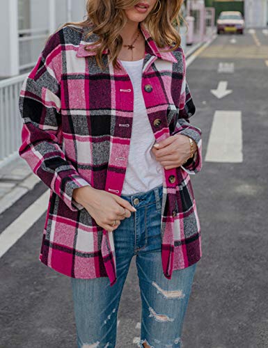 Women's Fall Color Block Plaid Flannel Shacket Jacket Button Down Shirt Coat Tops