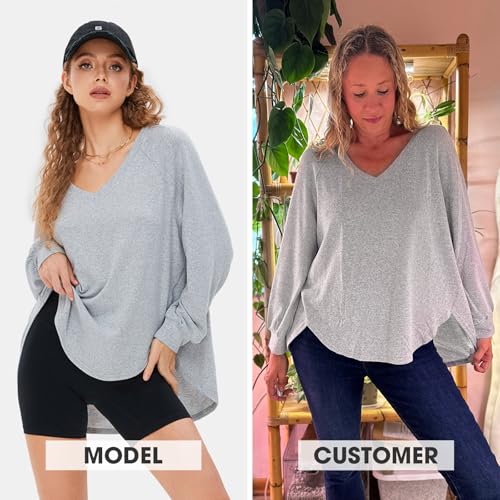 Womens Spring Oversized V Neck Tunic Tops 2025 Casual Long Sleeve Shirts Lightweight Soft Sweater Curved Hem T Shirts