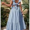 Girl's Summer Tie Back Bow Flutter Sleeve Square Neck Ruffle Hem Swing Maxi Dress