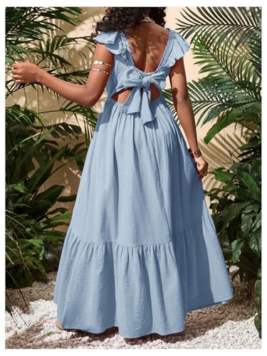 Girl's Summer Tie Back Bow Flutter Sleeve Square Neck Ruffle Hem Swing Maxi Dress