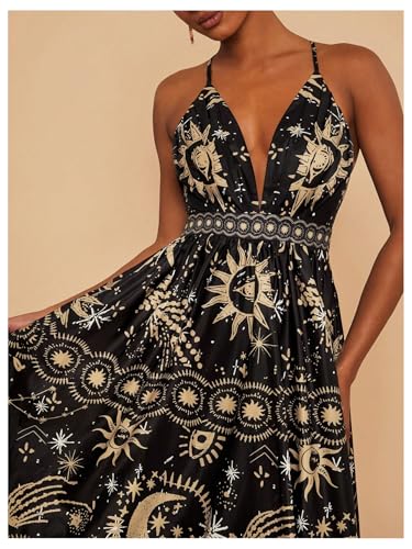 Women's Summer Tropical Sundress Deep V Neck Criss Cross Backless Flowy Maxi Dress