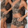 Women's Sexy Y2k 2 Piece Outfits Leopard Halter Backless Crop Top Layered Ruffle Mini Skirt Set