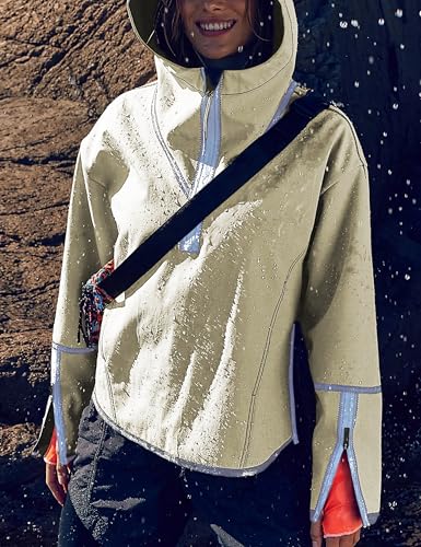 Womens Windbreaker Jacket Outdoors Hiking Reflective Striping Hooded Half Zip Pullover Contrast Pocketed Outerwear