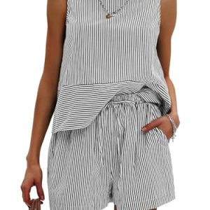 Women's Summer 2 Piece Outfits Sleeveless Tank Top Matching Shorts Sets Cotton Striped Sweatsuits Vacation Beach 2025