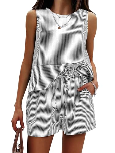 Women's Summer 2 Piece Outfits Sleeveless Tank Top Matching Shorts Sets Cotton Striped Sweatsuits Vacation Beach 2025