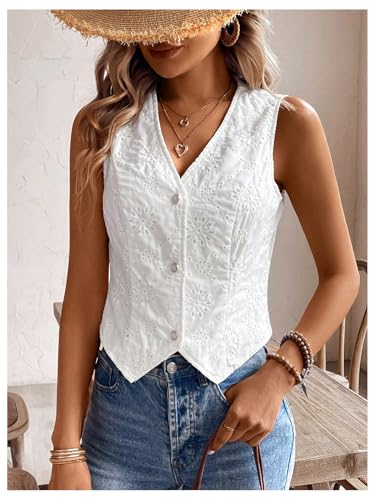 Women's Eyelet Embroidery V Neck Button Up Vest Boho Sleeveless Blouse Top