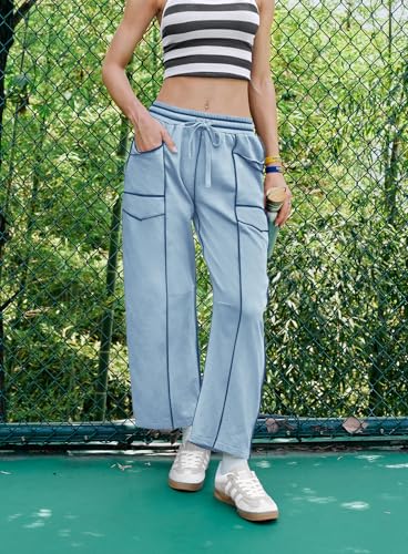Womens Baggy Wide Leg Pants Casual Summer Palazzo Pants Drawstring Waist Barrel Sweatpants with Pockets