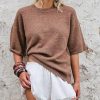 Women Sweater Tee Casual Crewneck Short Sleeve Pullover Top Ribbed Knit Loose Shirt