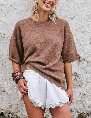 Women Sweater Tee Casual Crewneck Short Sleeve Pullover Top Ribbed Knit Loose Shirt
