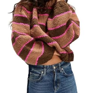 Women Stripe Pullover Sweater Turtleneck Ribbed Knit Top Casual Fall Winter Knitwear