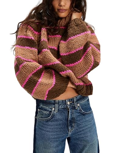 Women Stripe Pullover Sweater Turtleneck Ribbed Knit Top Casual Fall Winter Knitwear