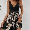 Women's Criss Cross Backless Wrap V Neck A Line Belted Flowy Tropical Cami Dress