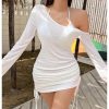 Women's Sheer Swimsuit Cover Up Long Sleeve Ruched Drawstring Beach Dress Coverups