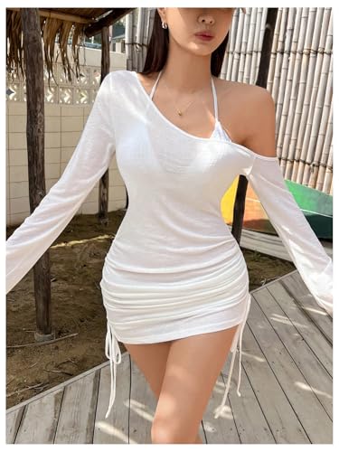 Women's Sheer Swimsuit Cover Up Long Sleeve Ruched Drawstring Beach Dress Coverups
