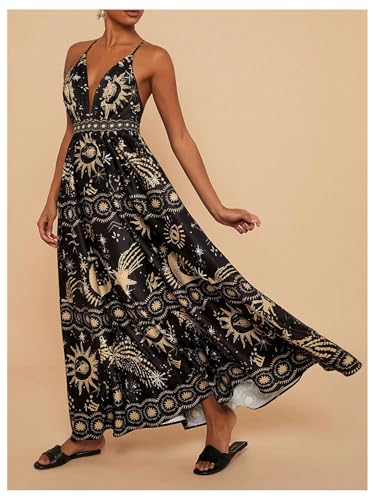 Women's Summer Tropical Sundress Deep V Neck Criss Cross Backless Flowy Maxi Dress