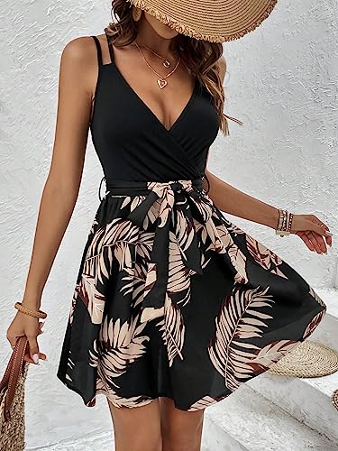 Women's Criss Cross Backless Wrap V Neck A Line Belted Flowy Tropical Cami Dress