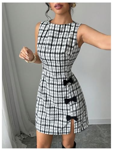 Women's Vintage Plaid Bow Side Split Hem A Line Sleeveless Elegant Work Dress
