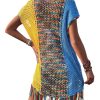 Women's Fringe Hem Color Block Knitted Crochet Swim Coverup Sheer Beach Dress