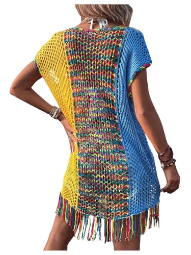 Women's Fringe Hem Color Block Knitted Crochet Swim Coverup Sheer Beach Dress