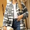 Womens Fall Flannel Plaid Shacket Jacket Wool Blend Button Down Shirt Coat Tops(#2 Grey-L)