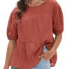 Women's Summer Tops Dressy Casual Short Lantern Sleeve Shirts Crew Neck Hollow Out Lace Embroidered Blouses Shirts