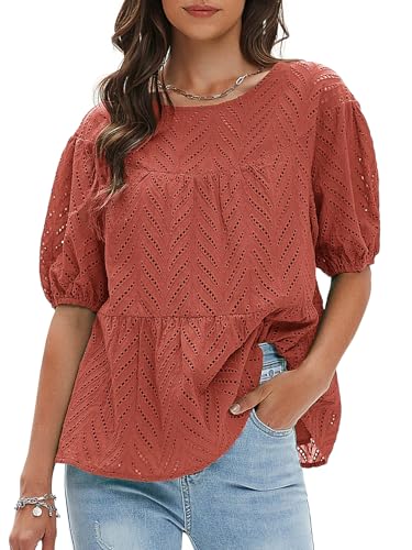 Women's Summer Tops Dressy Casual Short Lantern Sleeve Shirts Crew Neck Hollow Out Lace Embroidered Blouses Shirts