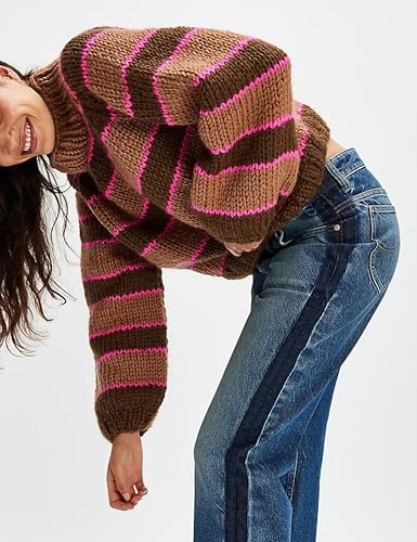 Women Stripe Pullover Sweater Turtleneck Ribbed Knit Top Casual Fall Winter Knitwear