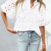 Women's Summer Tops 2025 Dressy Casual Short Sleeve V Neck Buttons Hollow Out Lace Embroidered Blouses Shirts