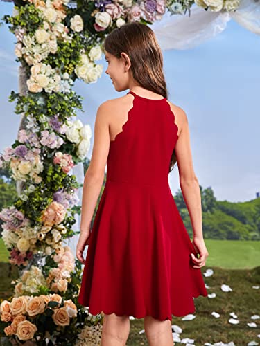 Girl's Scallop Trim Halter Sleeveless Flare Hem Solid A Line Mini Dress