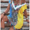 Women's Fringe Hem Color Block Knitted Crochet Swim Coverup Sheer Beach Dress