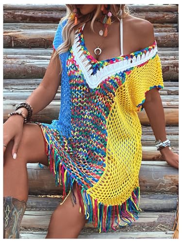 Women's Fringe Hem Color Block Knitted Crochet Swim Coverup Sheer Beach Dress