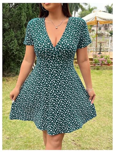 Women's Plus Size Floral Sundress V Neck A Line Flowy Short Sleeve Boho Cute Dress
