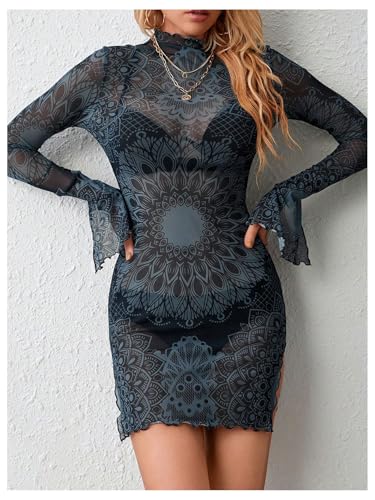 Women's Mesh Sheer Bell Long Sleeve Dress Side Slit Bodycon Boho Hippie Mini Dress