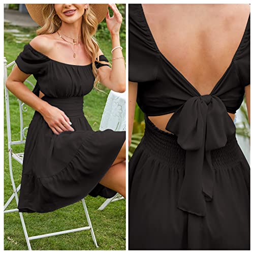 Women's 2025 Summer Short Puff Sleeve Casual Short Mini Dresses Tie Back Square Neck A-Line Sundress