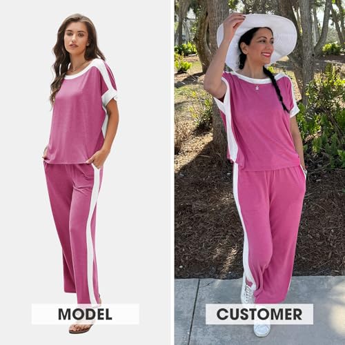 Womens Summer 2 Piece Outfits Color Block Short Sleeve Tops Tracksuit Wide Leg Pants Matching Set Lounge Sets 2025